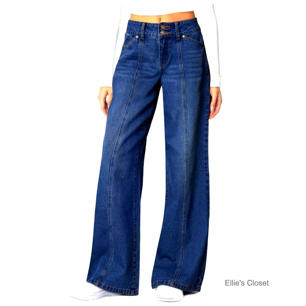 Wide Leg Jeans High Waisted Stretchy Straight Leg Seamed Front Loose Denim Pants